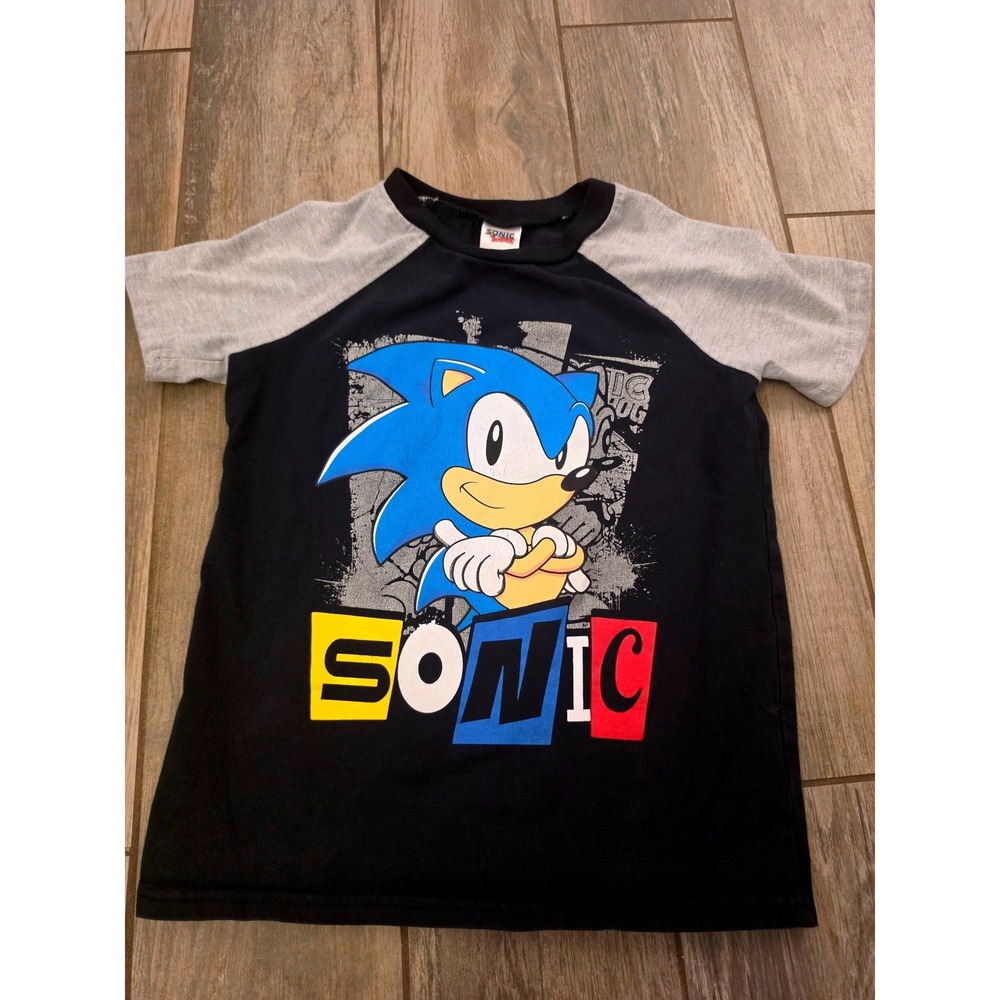 Sonic The Hedgehog Kids Raglan Graphic T-Shirt Black Gray Size 7/8 SEGA